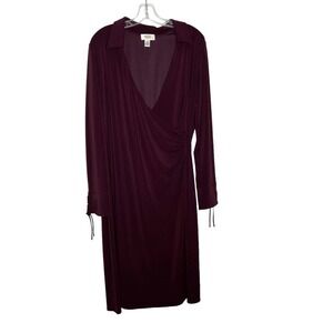 Talbots Faux Wrap Dress Burgandy Purple Women Size 12 V Neck Stretch Collared